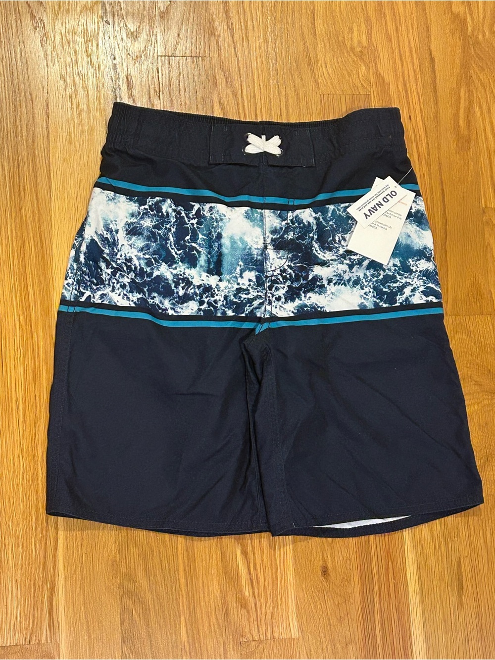 Old Navy Navy Blue Wave-Print Boys Swim Trunks